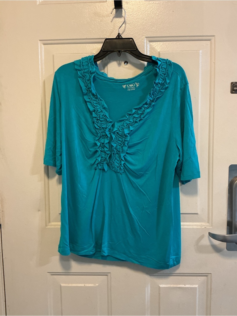 Cato Teal Ruffled V-Neck Short Sleeve Top